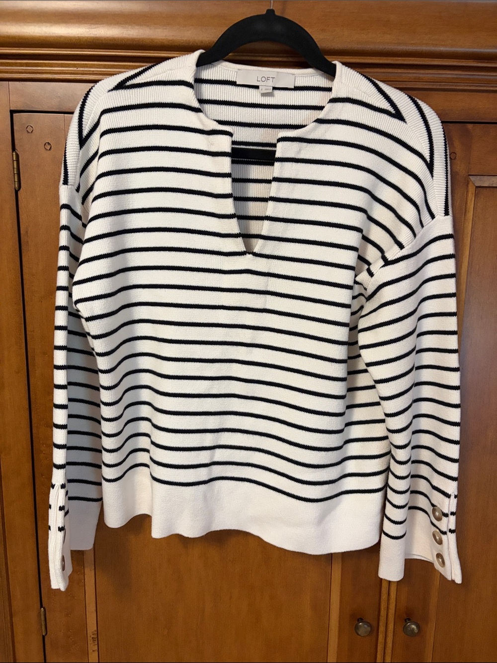 LOFT Black & Cream Striped V-Neck Pullover Sweater